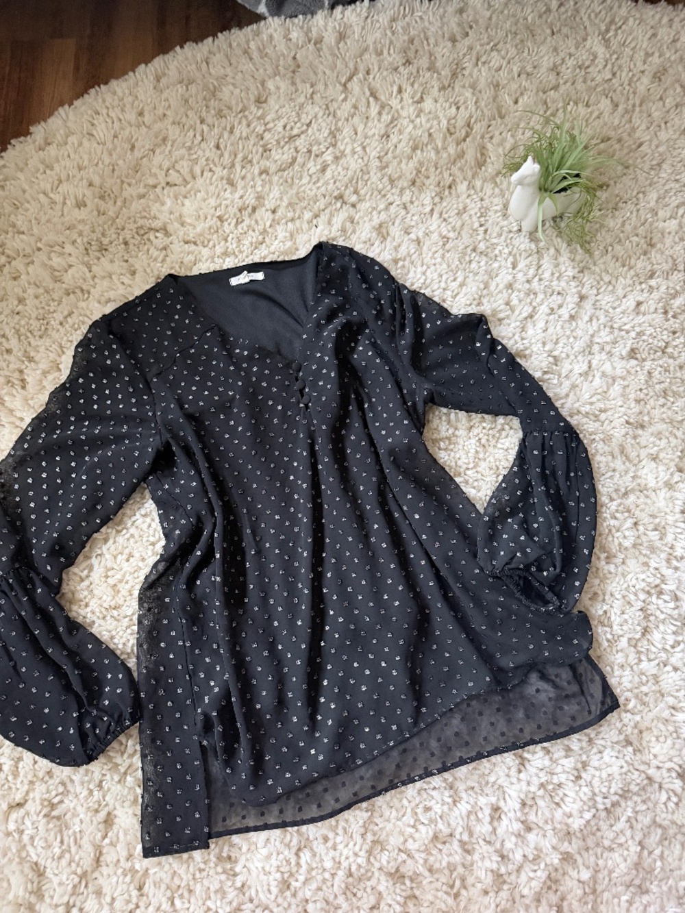 Lightweight Maurices Black Sheer Polka Dot V-Neck women’s evening Long Sleeve Bl
